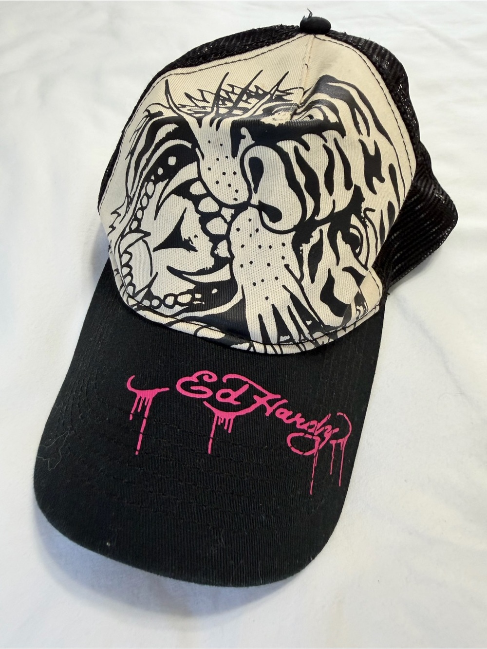 Ed Hardy Tiger Trucker Hat Black Pink Script Mesh Snapback Y2K tattoo skull cap